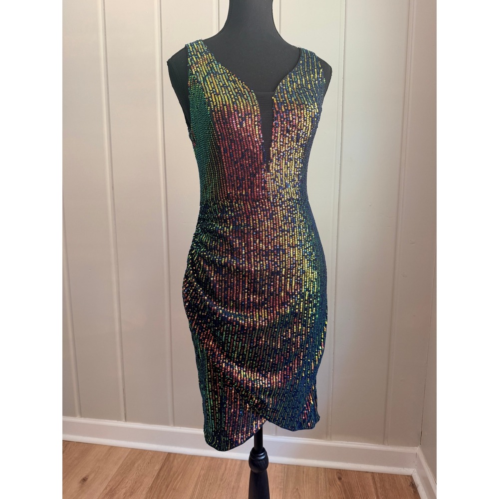 Grace Karin Rainbow Sequin Bodycon Cocktail Dress Iridescent Ruched Small